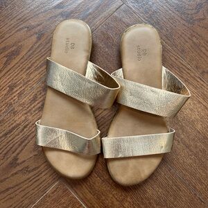 Gold Leather Double-Strap Slide Sandals
